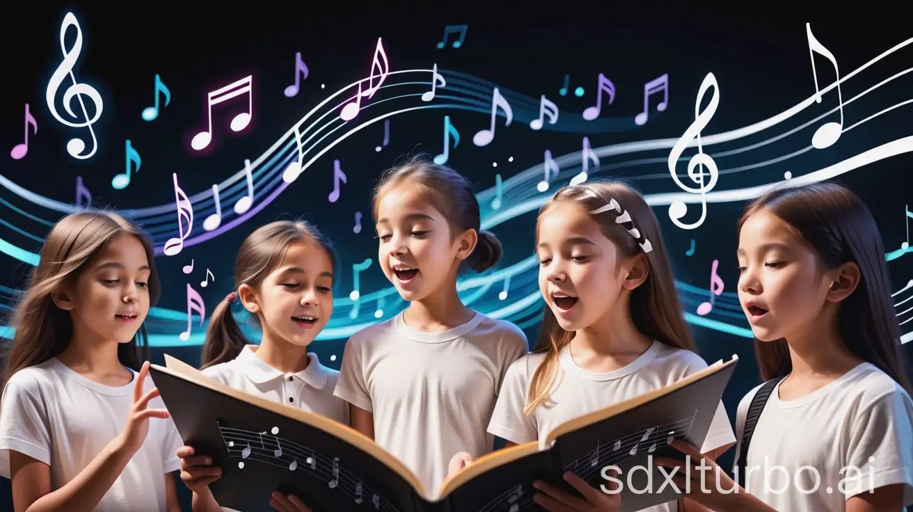 middle school students ,singing together,Musical notes floating in the background, ethereal notes drifting from both sides of the screen, intertwining flowing lines and melodies, symbolizing harmony in music.