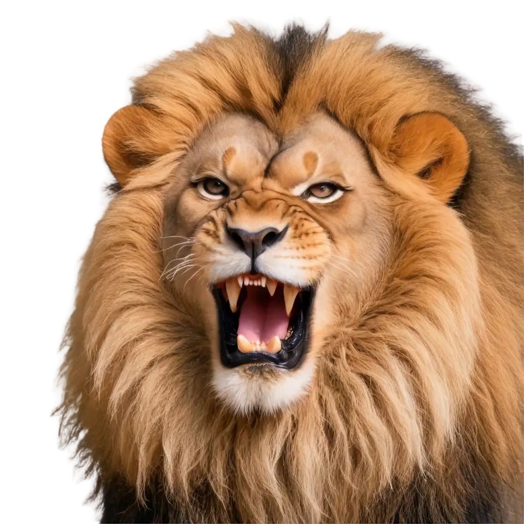 face of a lion with giant mane roaring facing forward