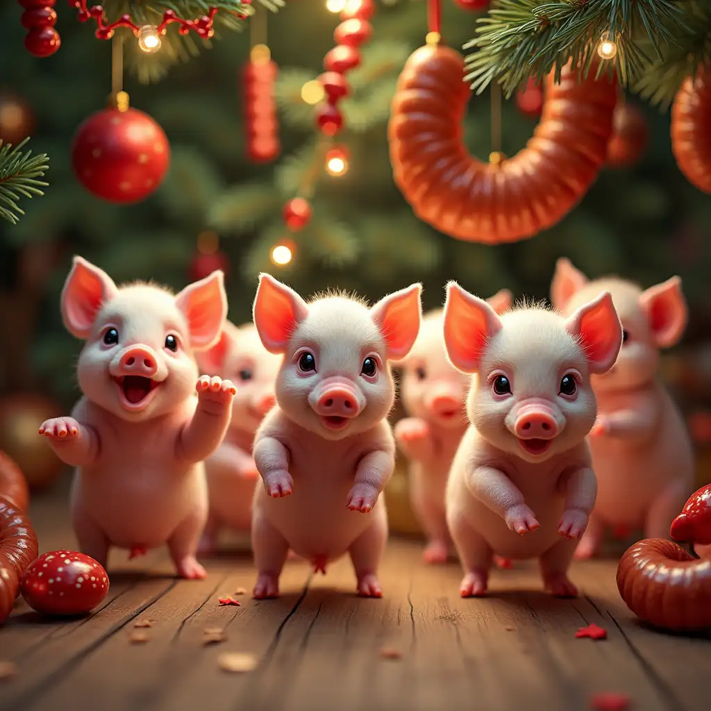 Adorable piglets are dancing around the New Year's tree, the tree is decorated with a garland of juicy pork sausages, bright colors, festive atmosphere.