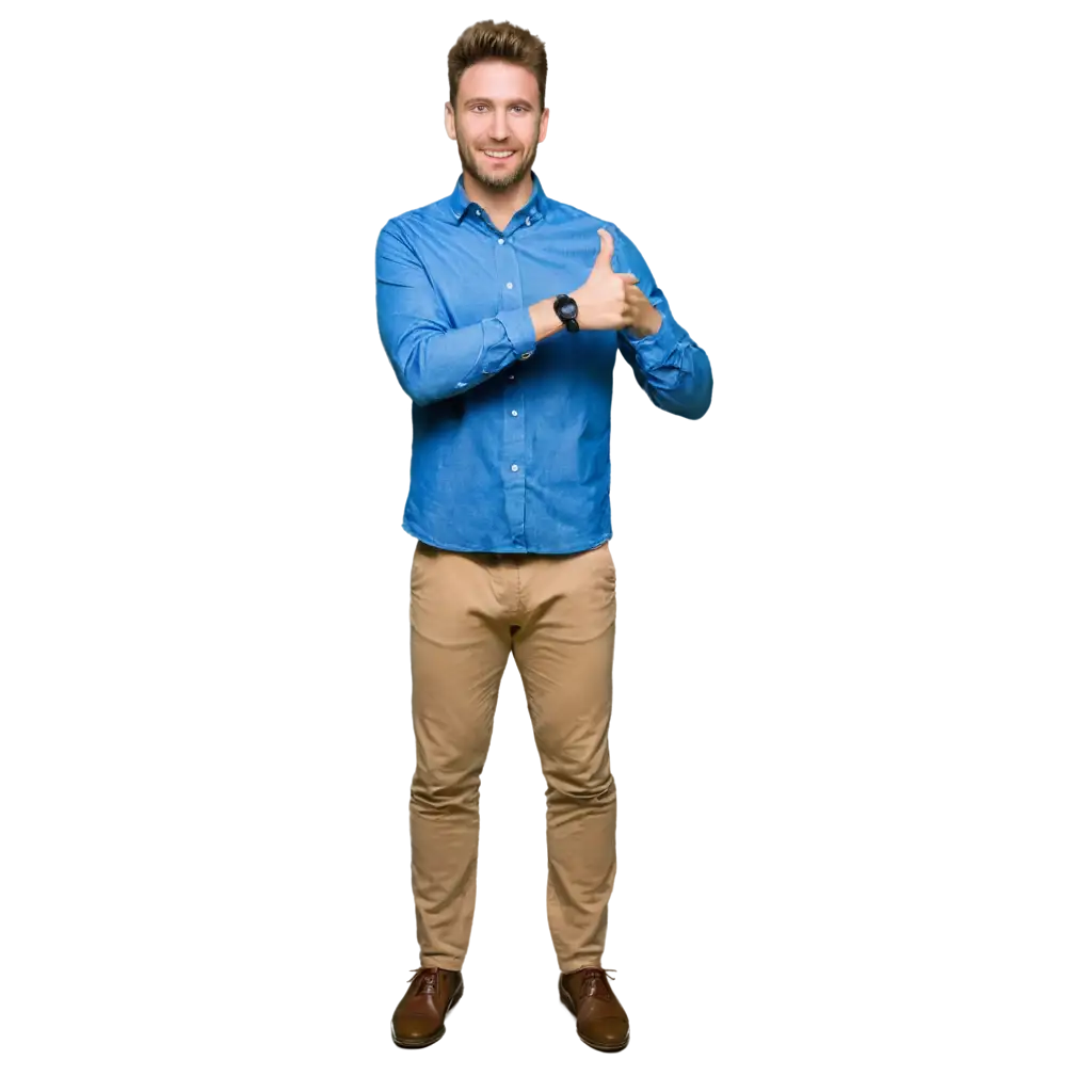 Smiling-Man-in-Blue-Shirt-Giving-a-Thumbs-Up-HighQuality-PNG-Image