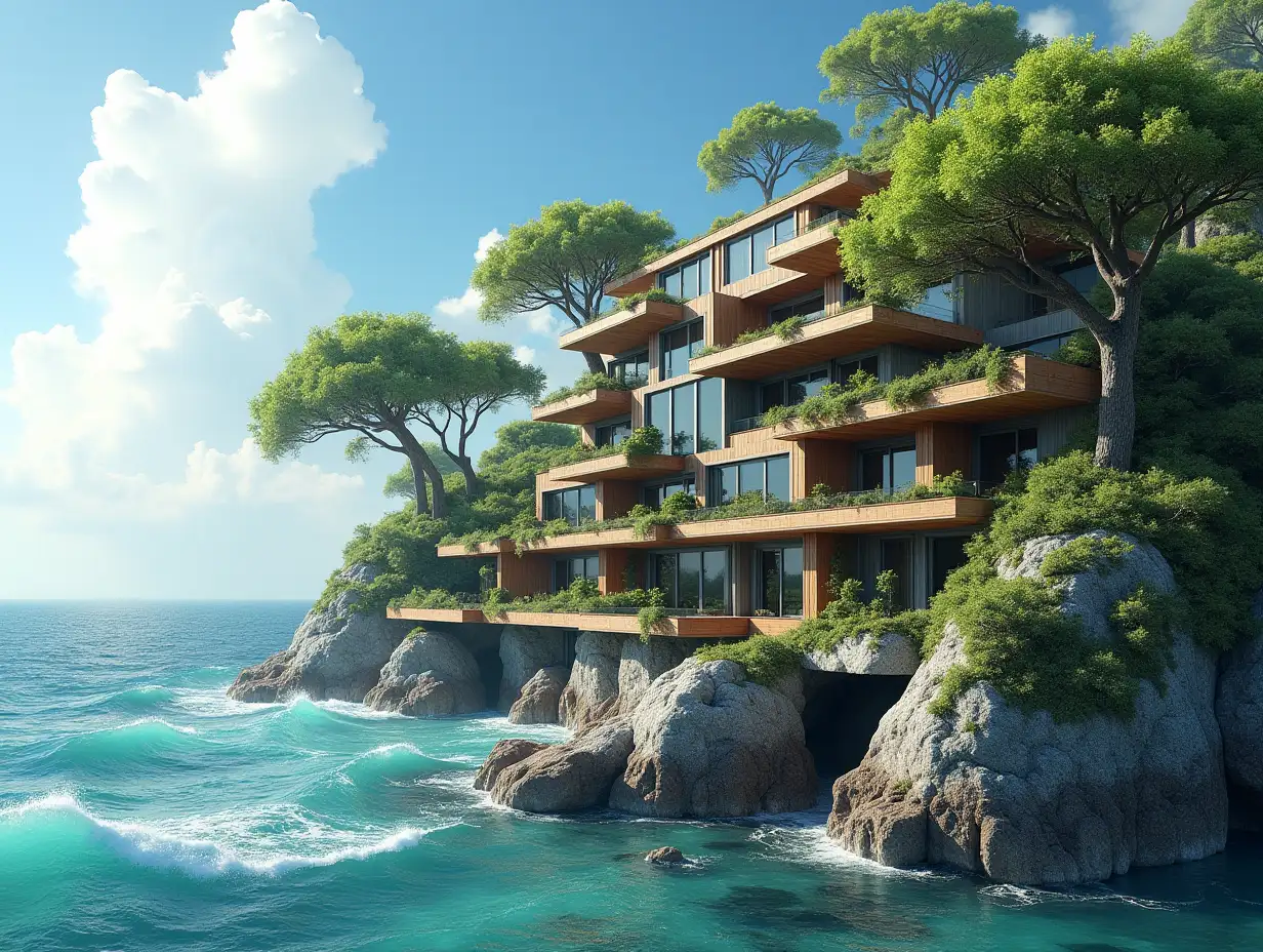 Create a high-resolution, realistic panorama image of a futuristic terrace building with snail house windows with many plants and gray and brown facades with sea with very large waves, big trees, blue sky