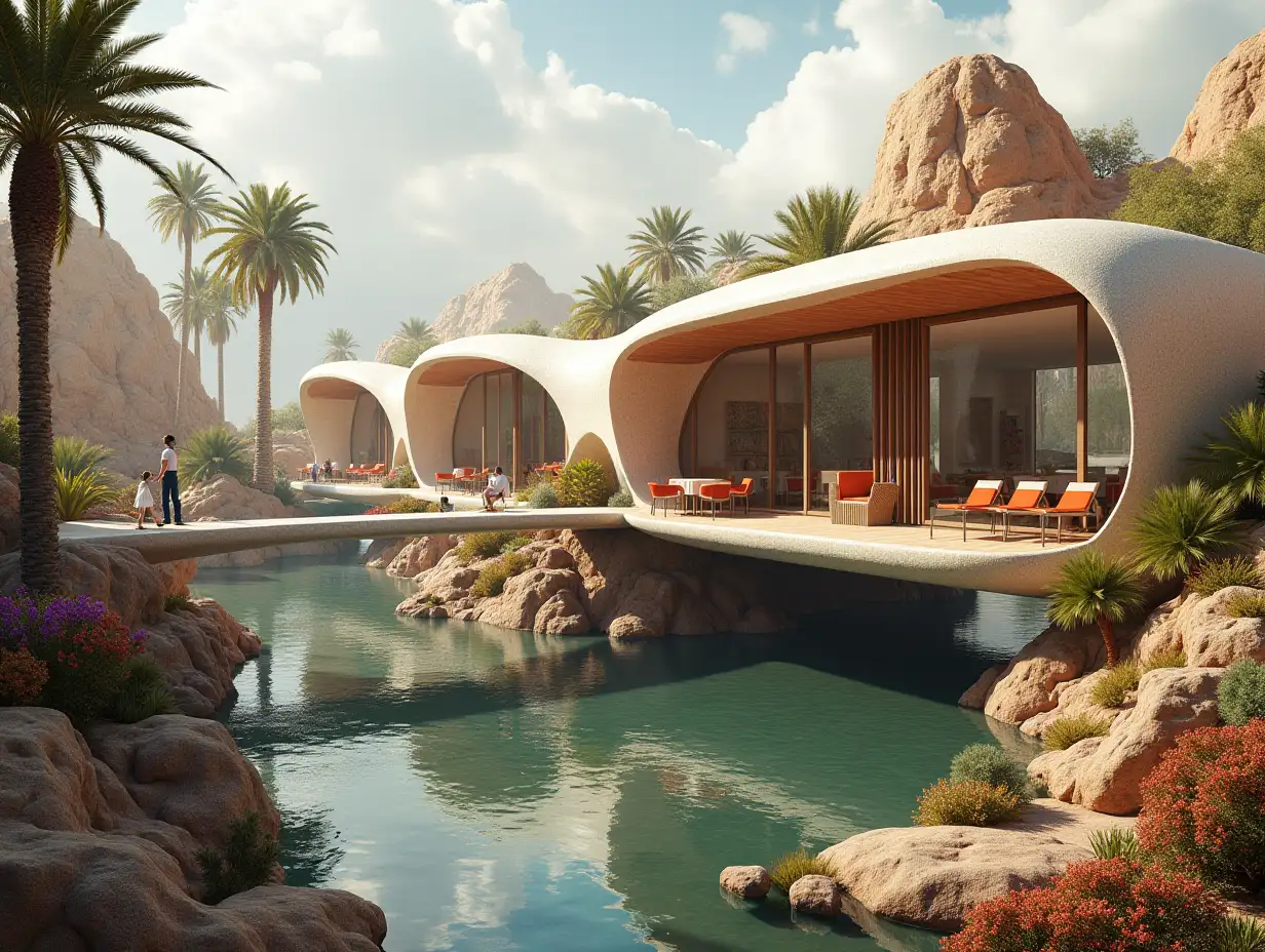 Create a high-resolution, realistic panorama image of a futuristic terrace building with window arch house with bridge, one and one  with people, many plants and colorful flowers White and brown facades before the desert oasis, big trees, very cloudy sky