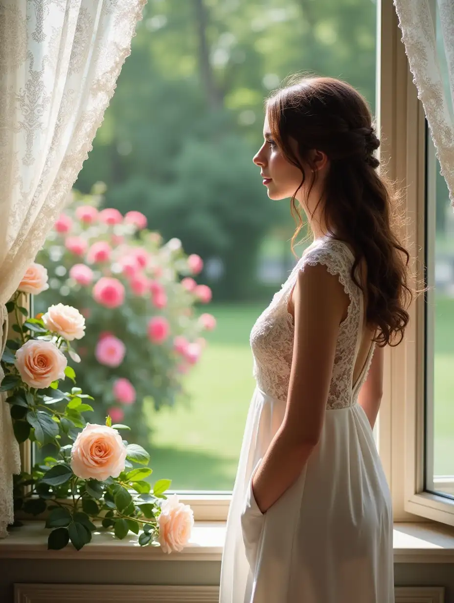 Young-Woman-in-Lace-Dress-Enjoying-a-Blossoming-Garden-View