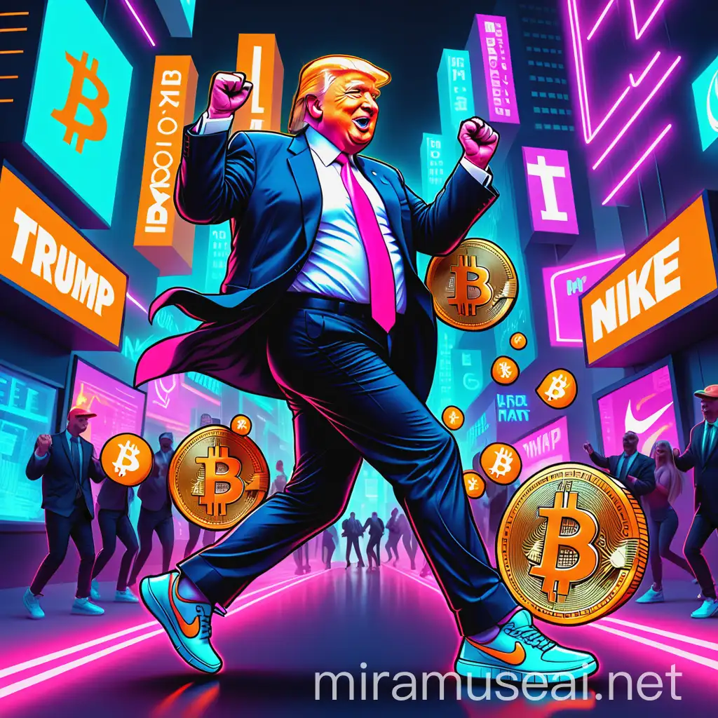 Donald Trump Dancing with Bitcoin in a Neon City