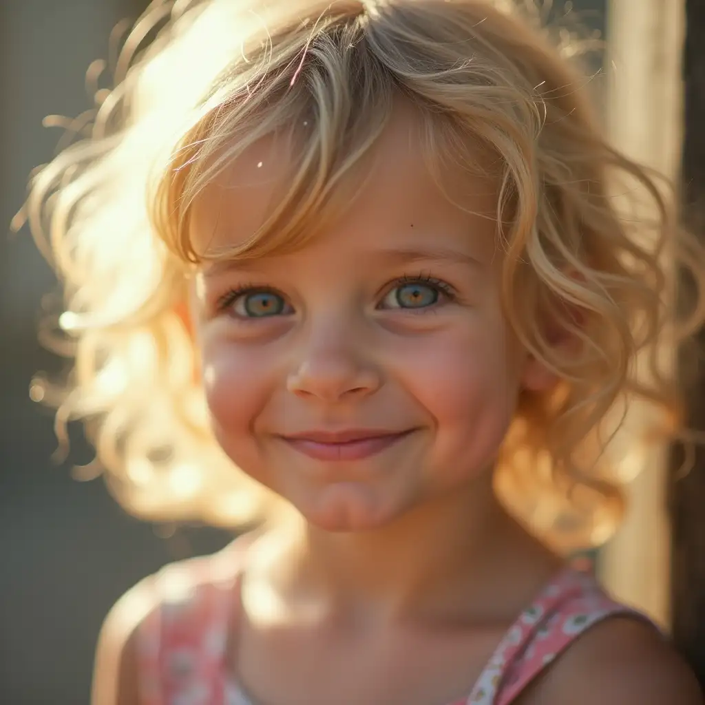 soft artistic photo, photo portrait cute girl with short fluffy blond hair, playful smile, shining eyes backlit professional high sharpness, blurred background dslr, 4Kphoto