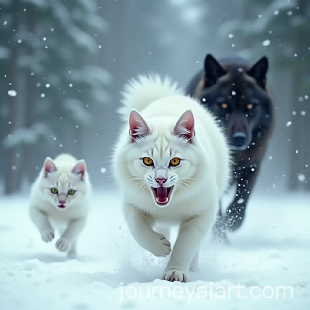 White-Cat-Kitten-and-Black-Wolf-Running-Through-Snowstorm-in-Frozen-Forest