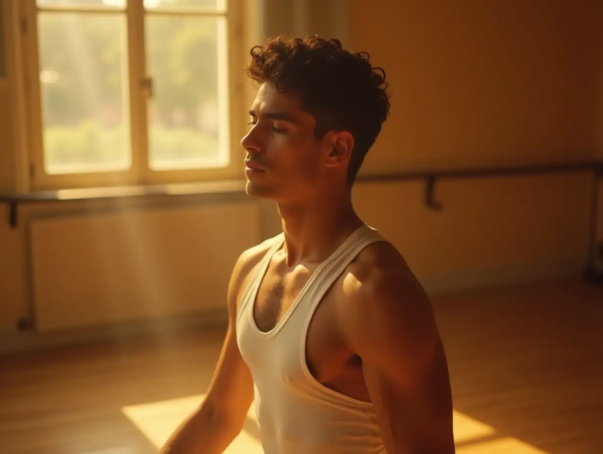 Young-Latino-DYoung-dancer-warming-upancer-Warming-Up-in-Sunlit-1950s-Dance-Studio