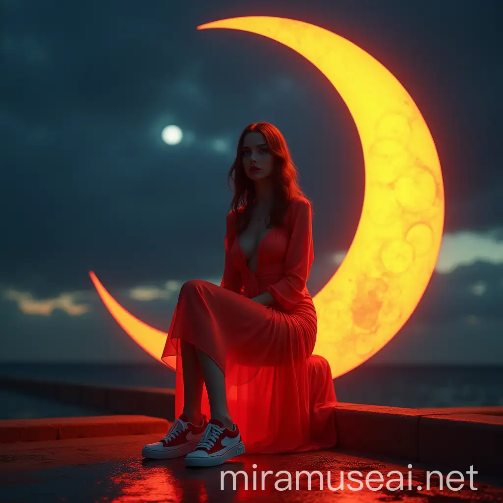 Elegant Woman in a Red Dress on a Crescent Moon at Midnight