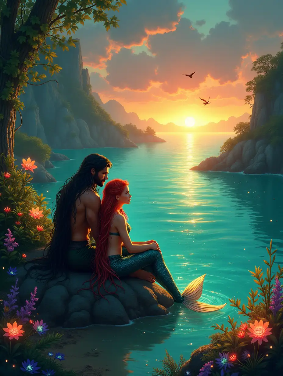 Scentsis: on the shore of the bay with emerald water, a man and girl are sitting. A man is strong and stately, with long dark hair and aura of power, reminiscent of aquaman. The girl is beautiful and graceful, with long red hair and an iridescent tail, like a mermaid. Fairy -tale plants with bioluminescent flowers grow around them, and bright fish with rainbow scales jump out of the sea. Magic birds with shining feathers soar in the sky, creating an atmosphere of magic and harmony. The light of sunset stains the sky in gold and pink tones, adding the scene of heat and mystery.