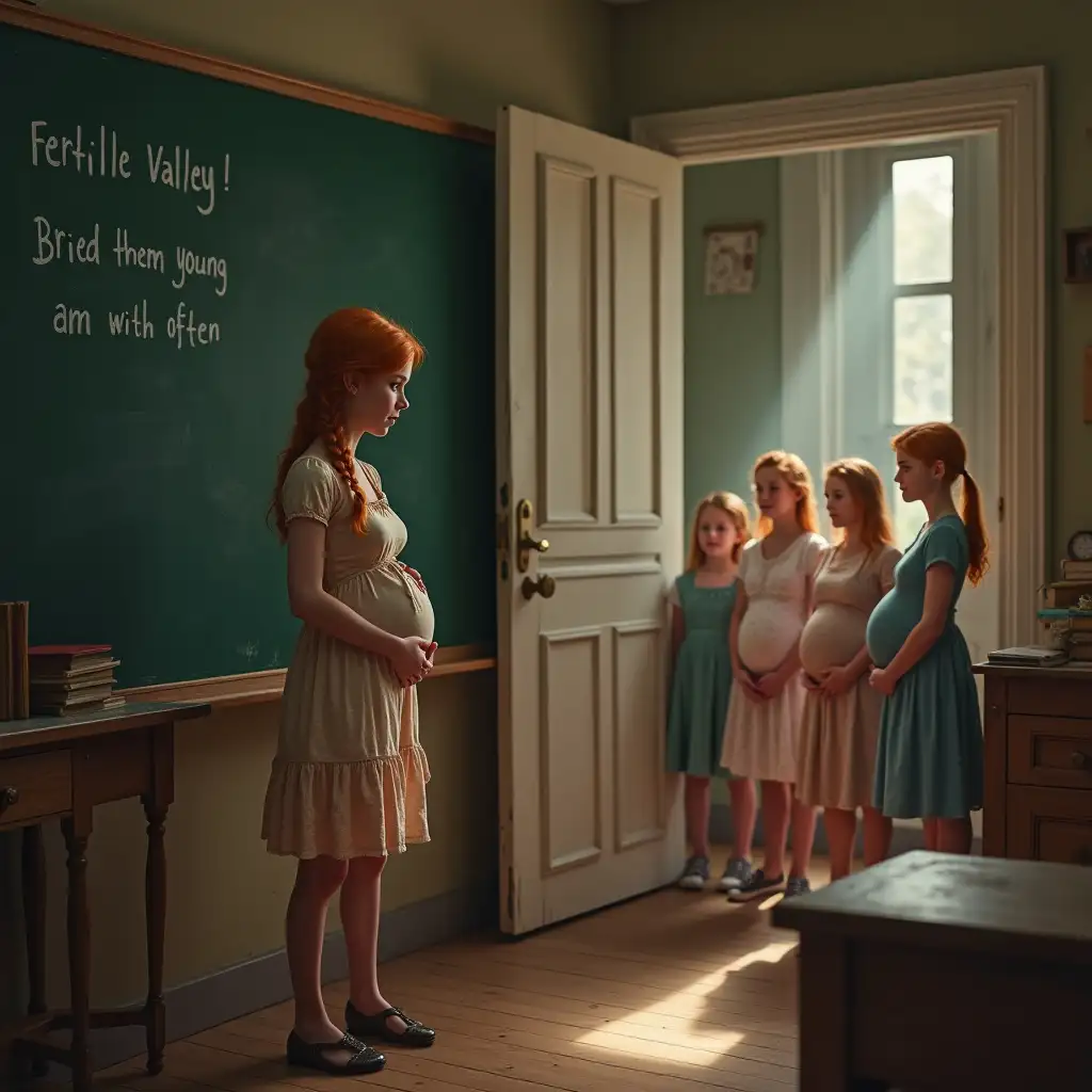 young teacher is standing in front of a blackboard, watching several petite students walk into her classroom through the door.  teacher is pregnant, ginger hair in a braid.  students are all pregnant, wearing dresses.  on the blackboard is written 'Fertile Valley, Breed them young and often'