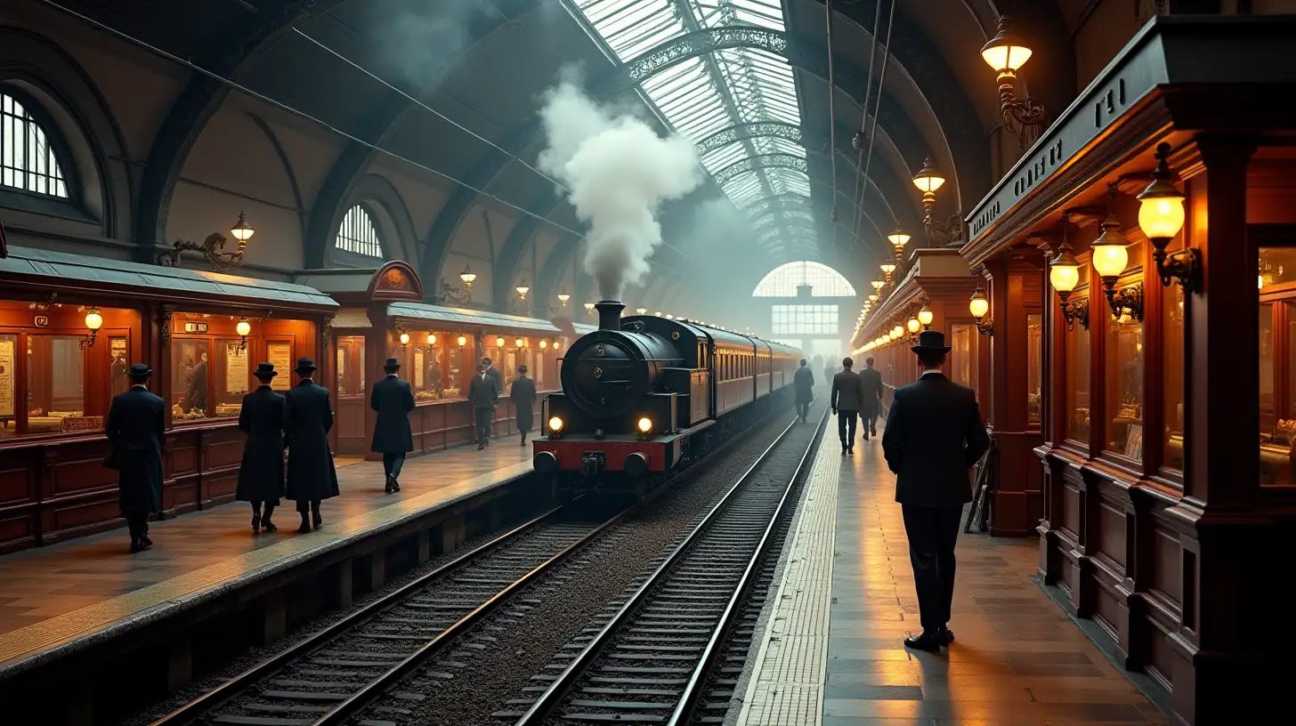 Victorian Passengers at a Steampunk Railway Station