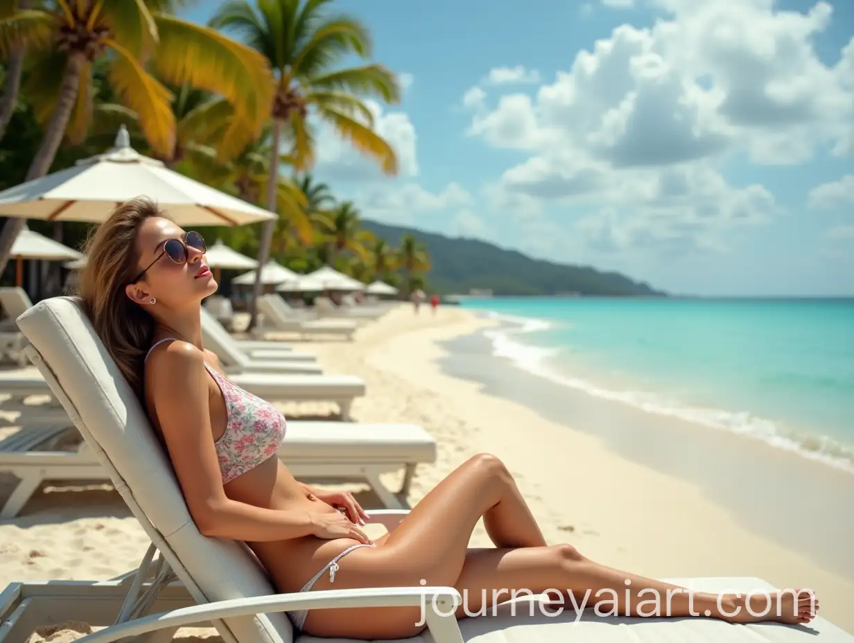 Woman-Tanning-on-a-Luxury-Beach-with-Palm-Trees-and-Parasols