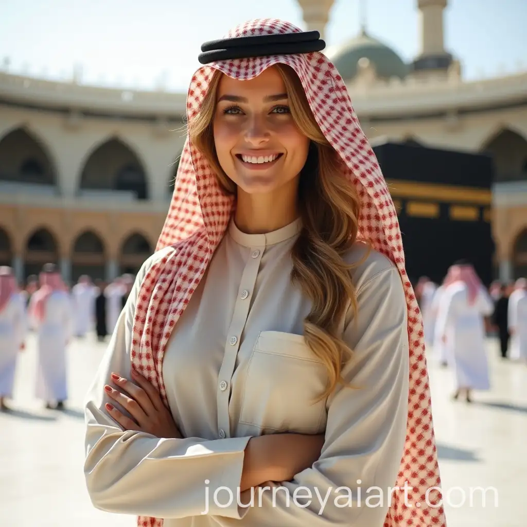 Female-in-Traditional-Saudi-Menswear-Near-Kaaba-in-Muscular-Pose