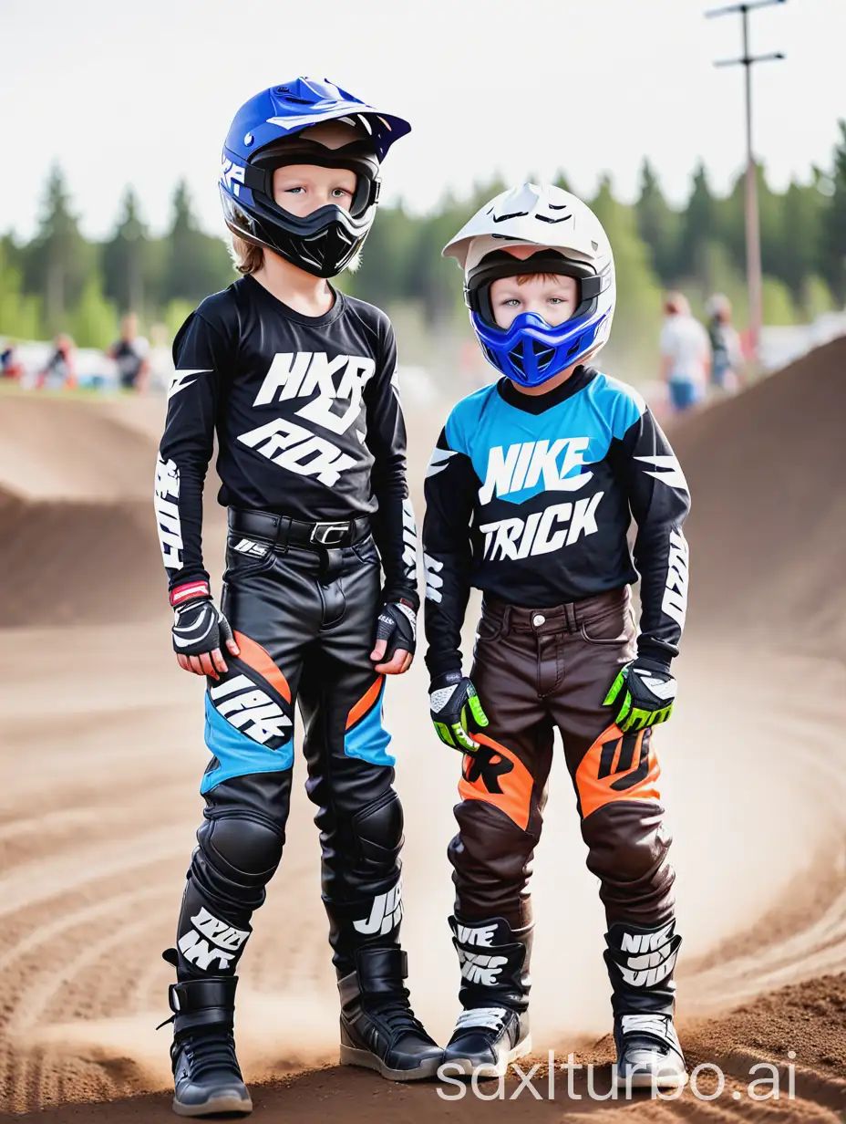 two cute athletic ten-year old Nordic boys wearing FXR Racing motocross pants and NIKE Aiir Jordan high top sneakers, motocross helmet with face guard, goggles over eyes, proudly shows off defined chest and V-line abs at dirt track, best friends