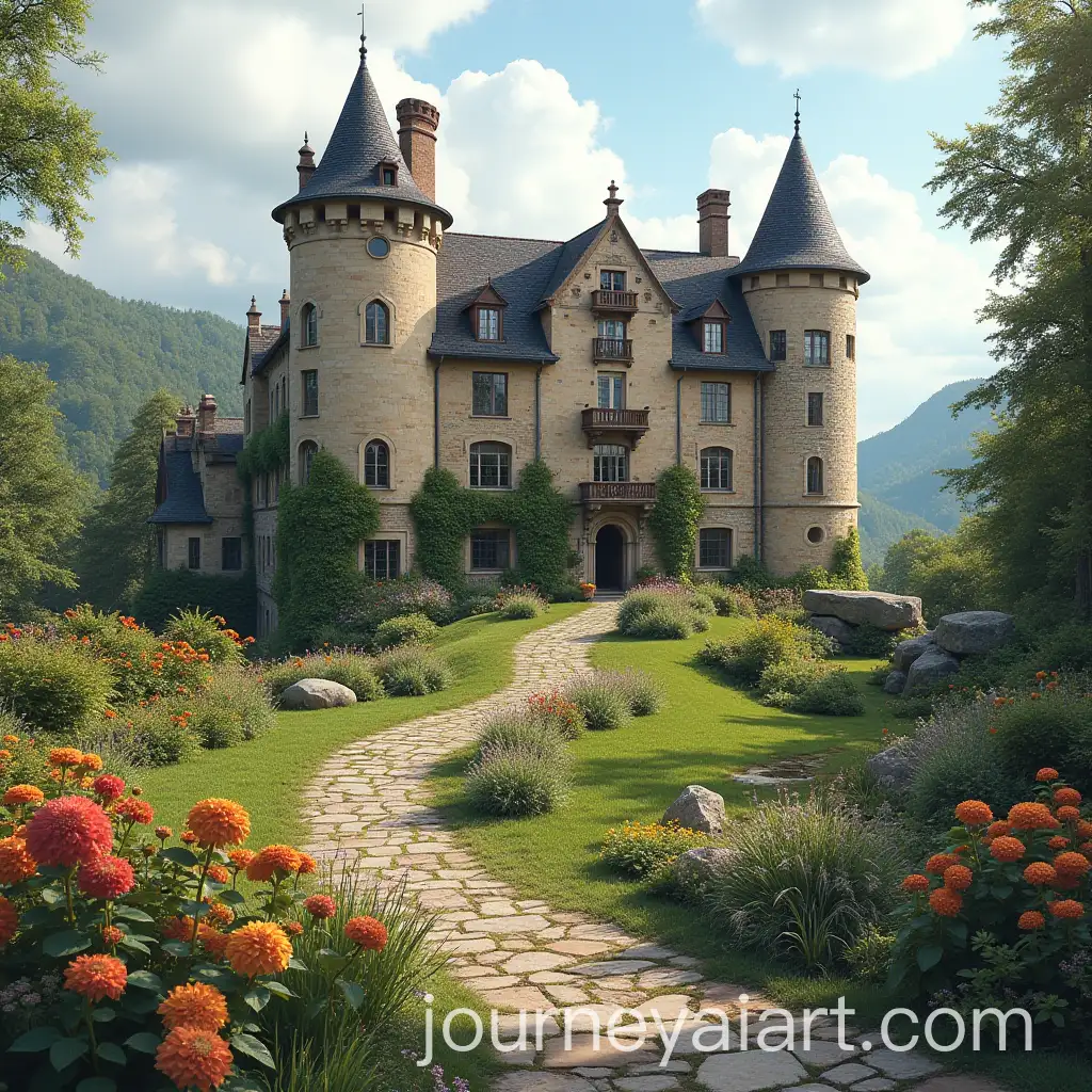 Rustic-Castle-Surrounded-by-Flower-Garden-with-Stone-Pathway