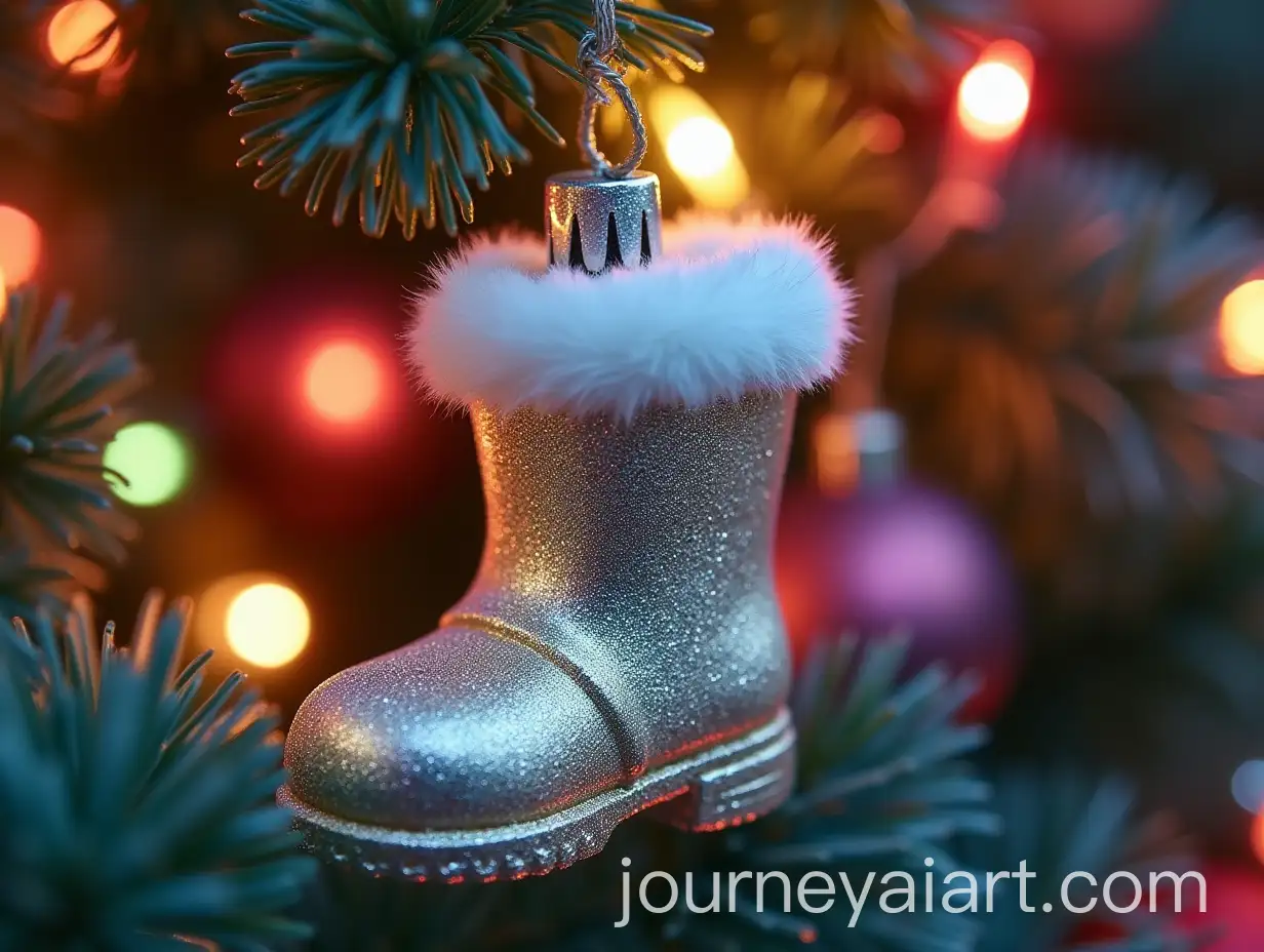 Sparkling-Metallic-Glass-Boot-Ornament-with-Multicolored-Garlands-and-Bokeh-Effect