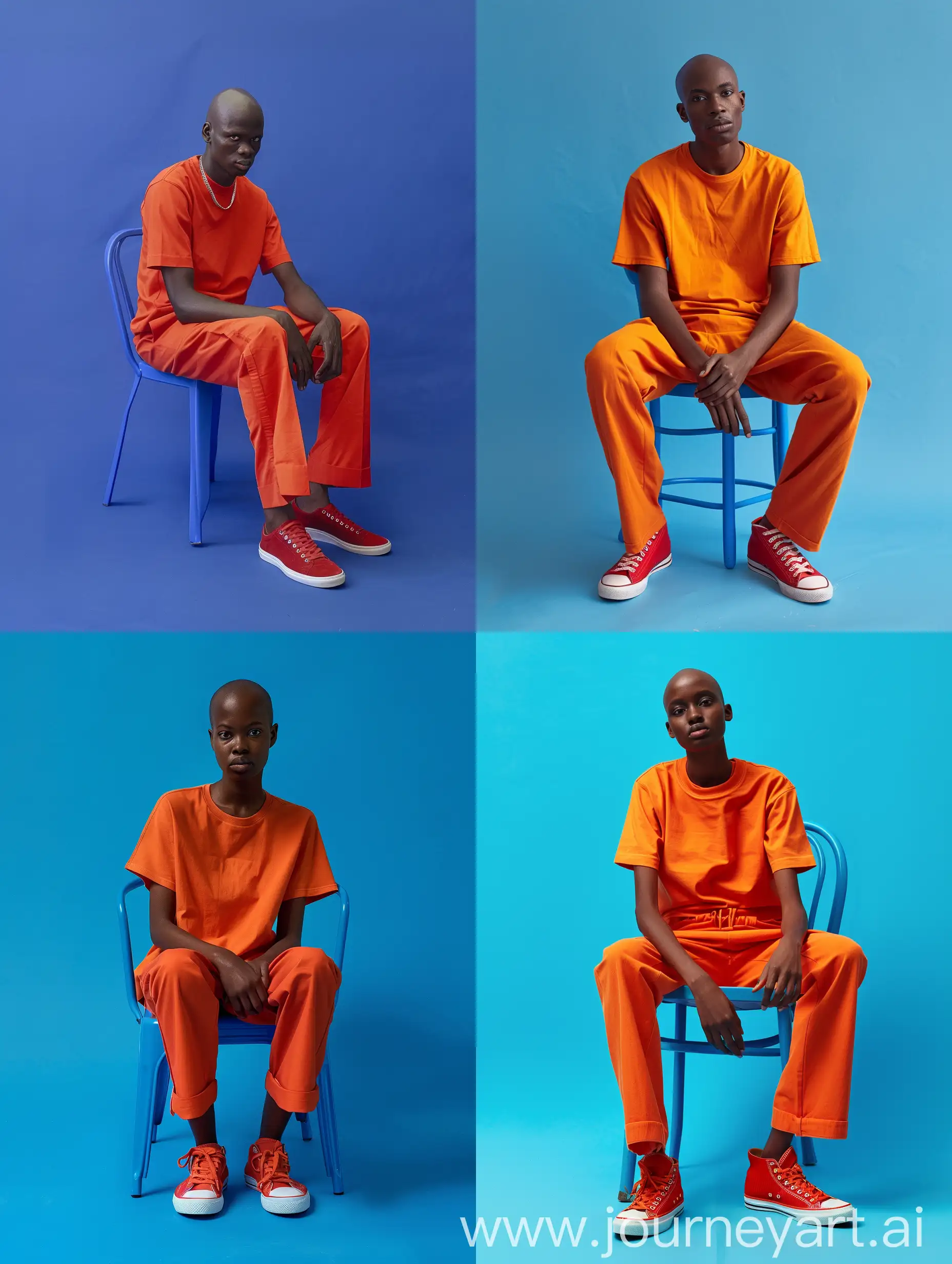 Serious-Person-in-Vibrant-Orange-Clothing-on-Blue-Chair