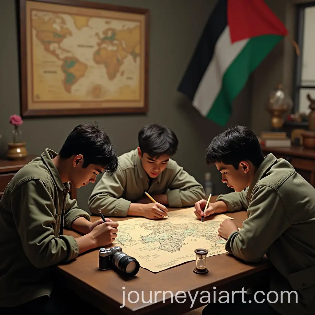 Young-Men-Drawing-Around-a-Table-with-MilitaryThemed-Artifacts-and-Palestinian-Flag