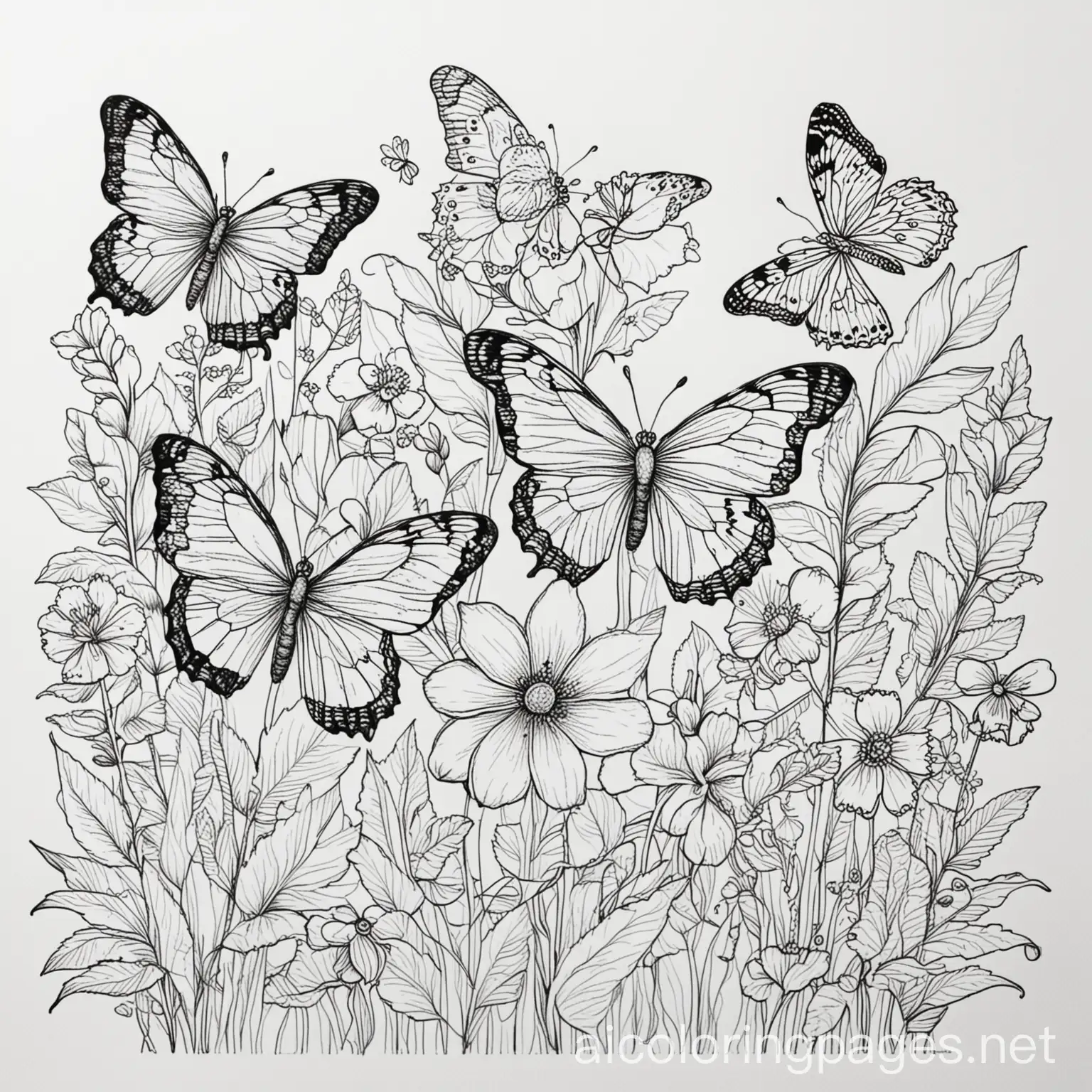 flowers with butterflies, Coloring Page, black and white, line art, white background, Simplicity, Ample White Space. The background of the coloring page is plain white to make it easy for young children to color within the lines. The outlines of all the subjects are easy to distinguish, making it simple for kids to color without too much difficulty