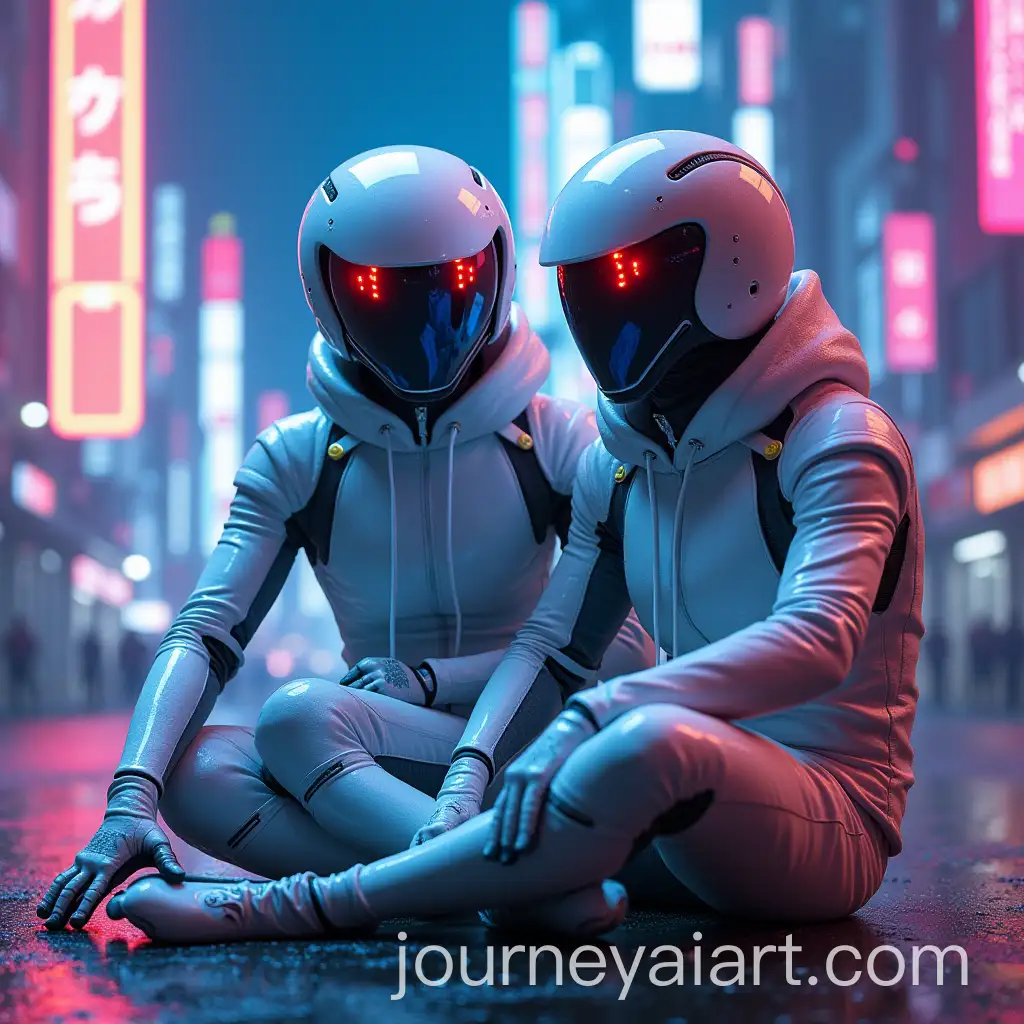Cyberpunk-Ant-and-Lion-Mix-in-White-Glossy-Helmet-and-Costume-with-Red-Glowing-Eyes-in-Neon-City