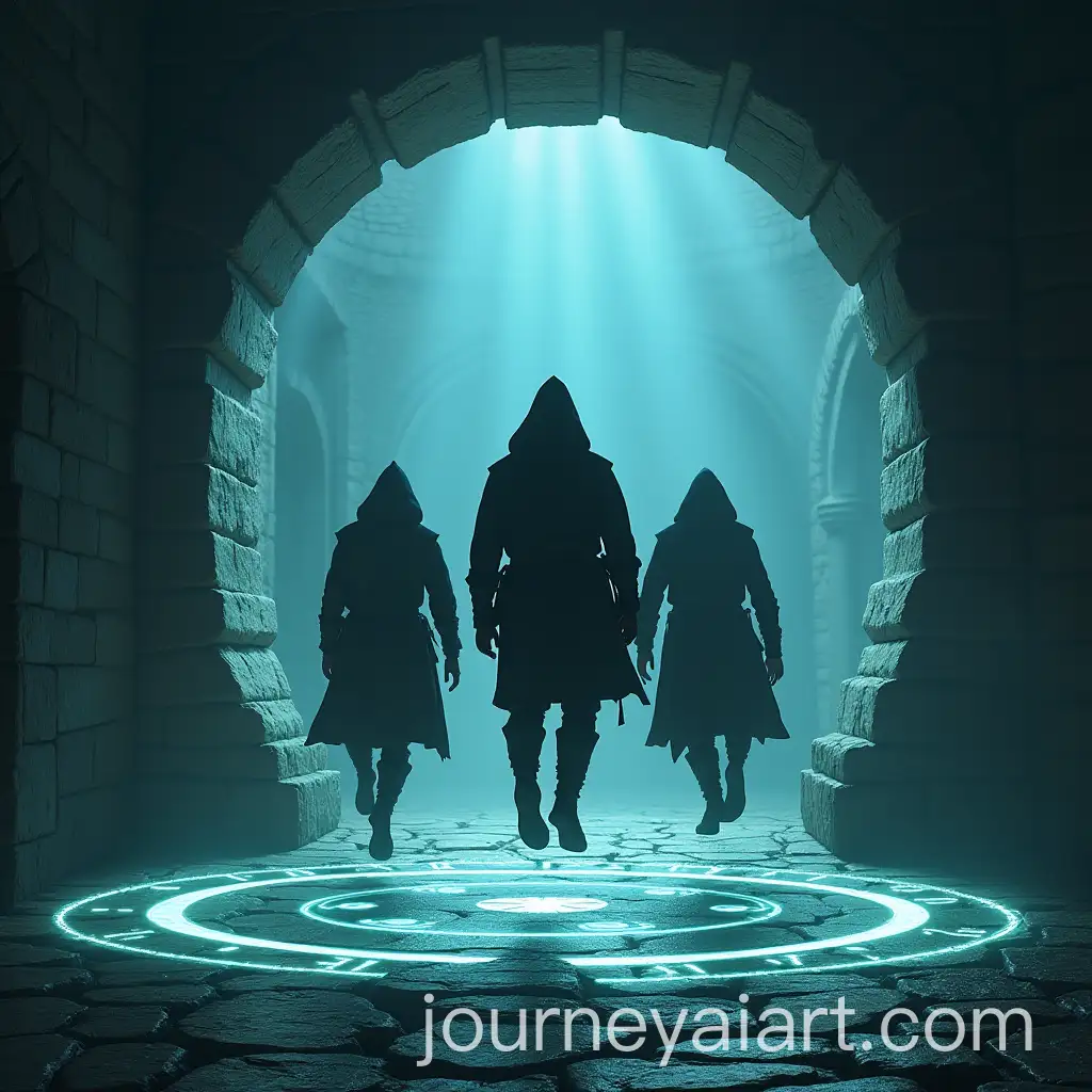 Three-Hooded-Adventurers-Jumping-into-a-Magic-Circle-Gate-in-a-Medieval-Fantasy-World