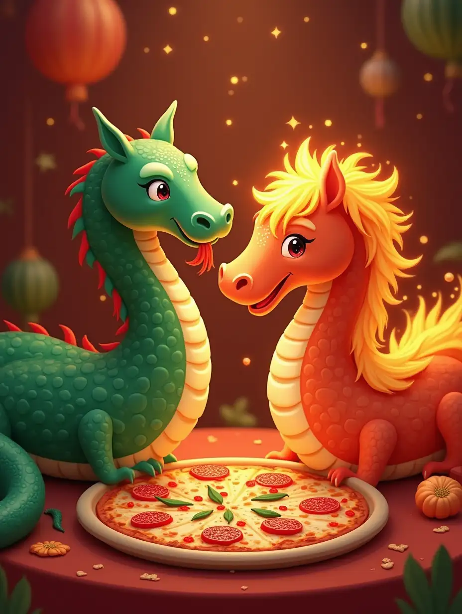 new year atmosphere, a green snake and a fire horse eat pizza