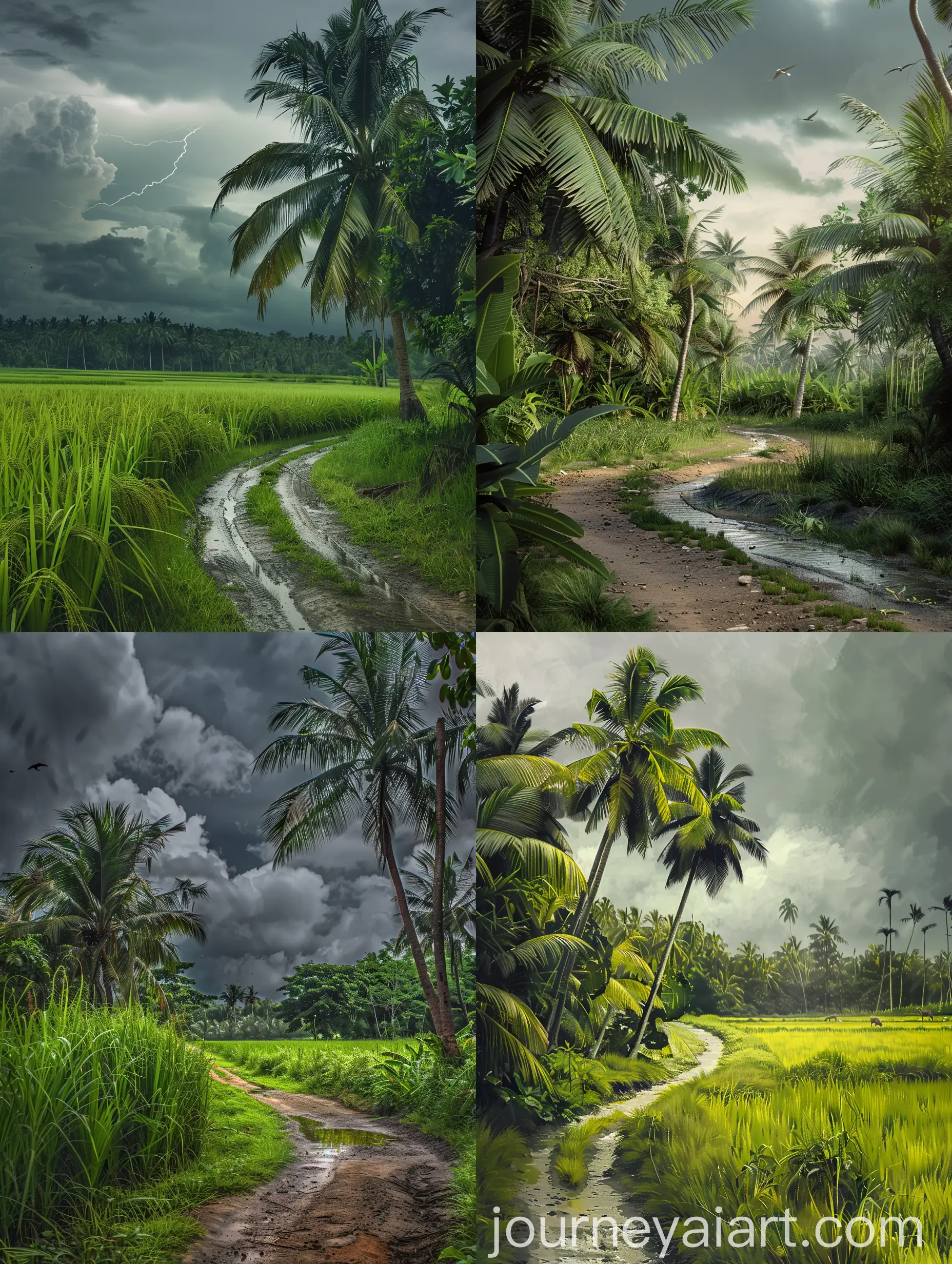 Lush-Green-Paddy-Field-with-Coconut-Trees-and-Flowing-Water