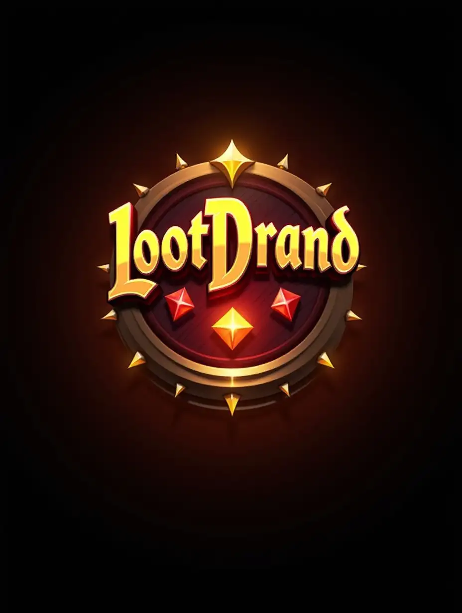 Design a hyper-realistic logo for 'LootDrand,' a bold and dynamic brand. The logo should feature striking typography with a metallic gold and deep red gradient, symbolizing luxury and excitement. Incorporate elements like a treasure chest, coins, or a glowing gem to convey the idea of loot and riches. Add realistic textures, 3D effects, and light reflections to make the logo visually engaging and lifelike. Use a dark background with a radiant glow around the logo to highlight its premium and adventurous essence.