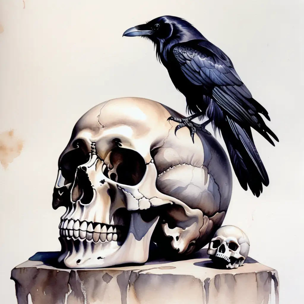 Aesthetic Watercolor Painting of a Raven Perched on a Human Skull