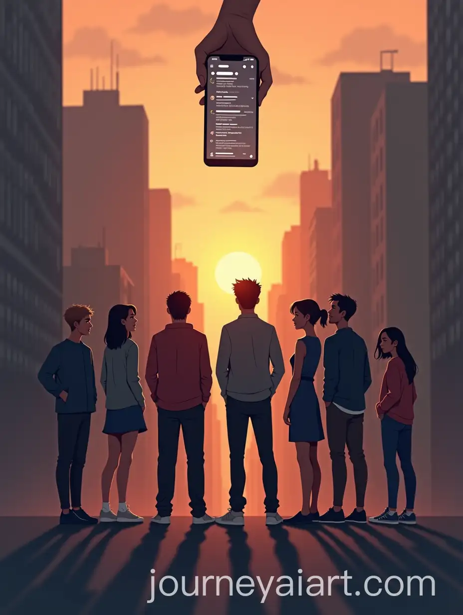 Seven-Young-Adults-in-a-Cityscape-at-Sunset-with-Social-Media-Tension