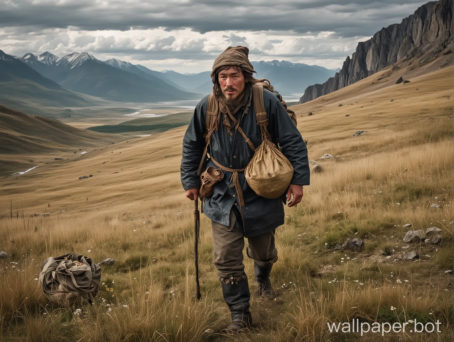 throughout the wild steppes of Transbaikalia, where they dig for gold in the mountains, a wandering vagabond curses his fate, dragging a knapsack on his shoulders