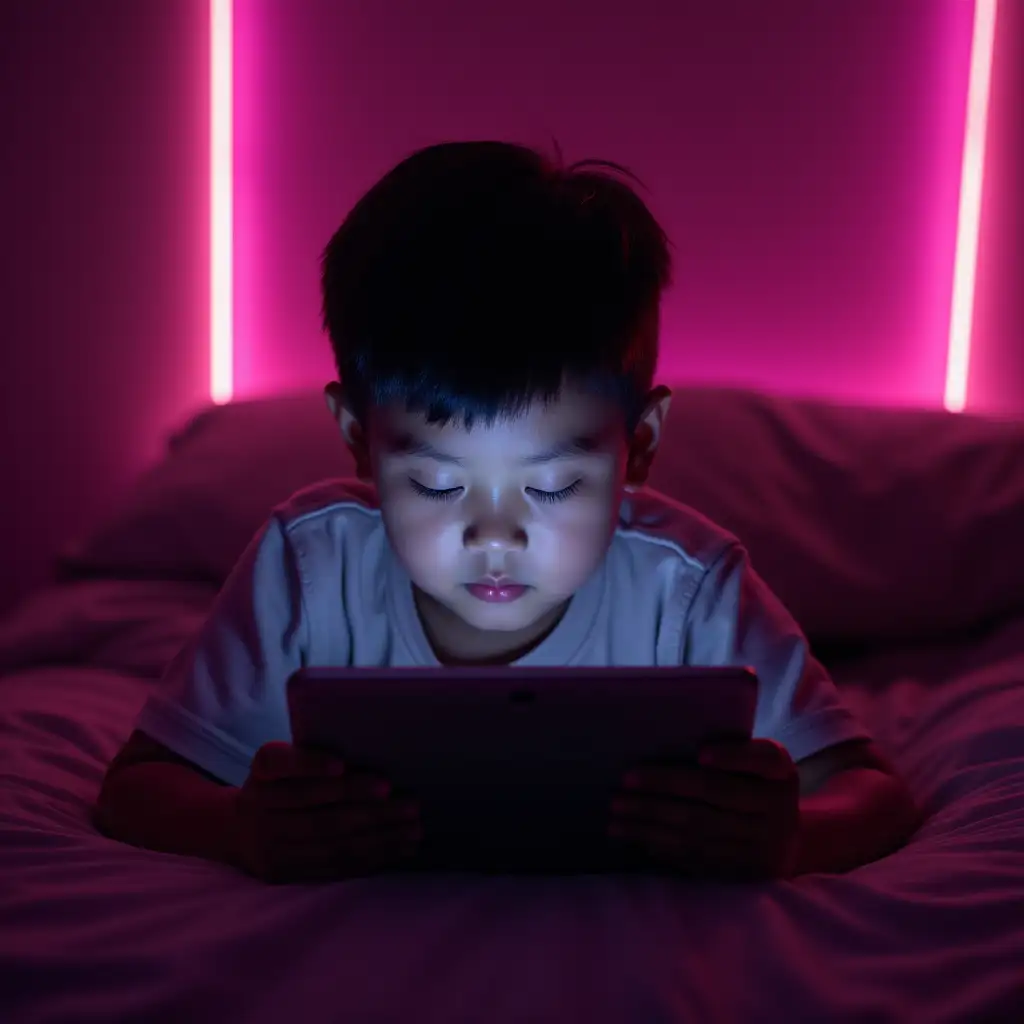 asian kid on ipad in his room with neon lights