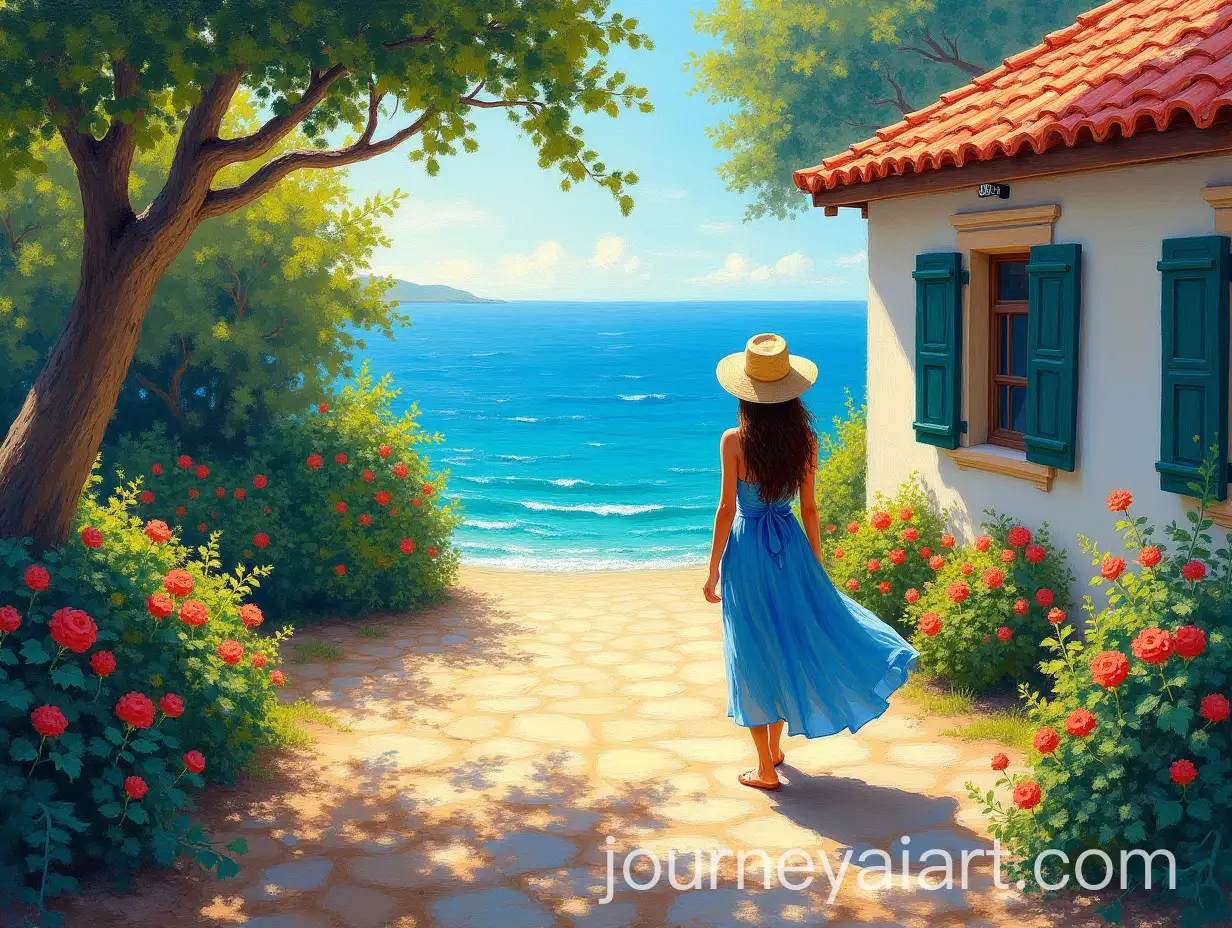 Scenic-Seaside-Path-with-Woman-in-Blue-Dress-and-Vibrant-Ocean-View