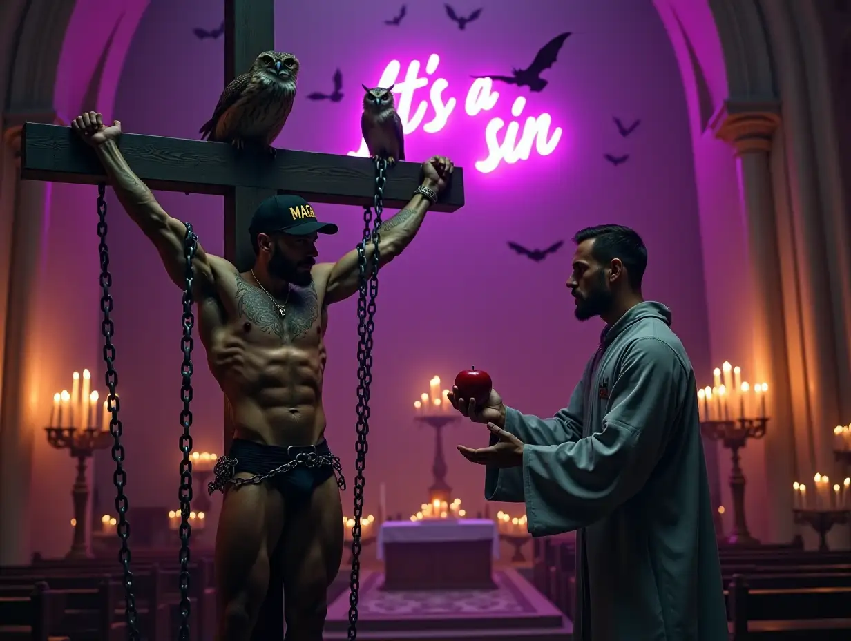 Muscular-Bodybuilder-Chained-to-Cross-in-Dark-Gothic-Cathedral-with-Priest-and-Neon-Sign