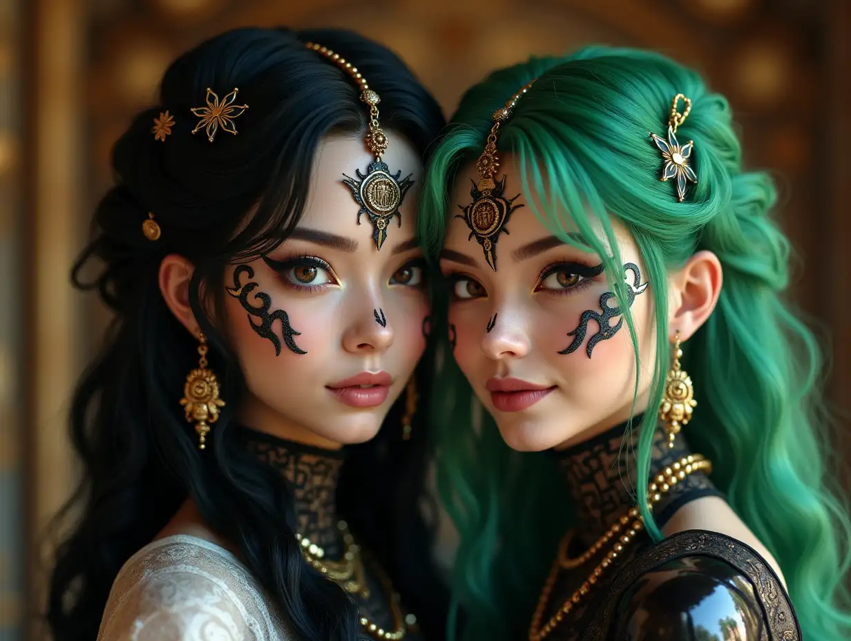 Two young black and white pattern Transformers One with Alien face,with Rosa green hair, with a slight smile on her face, underlines her smile, modern retro jewelry, in a temple much gold different shades 4k