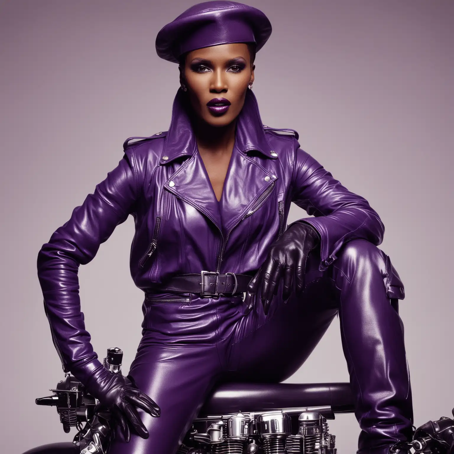 grace jones in purple leather motorcycle jacket, leather gloves and leather biker hat, tall leather boots,  purple lipstick