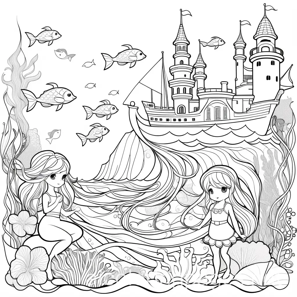 Chibi-Anime-Style-Mermaids-Playing-with-Sea-Creatures-in-Ocean-Coloring-Page