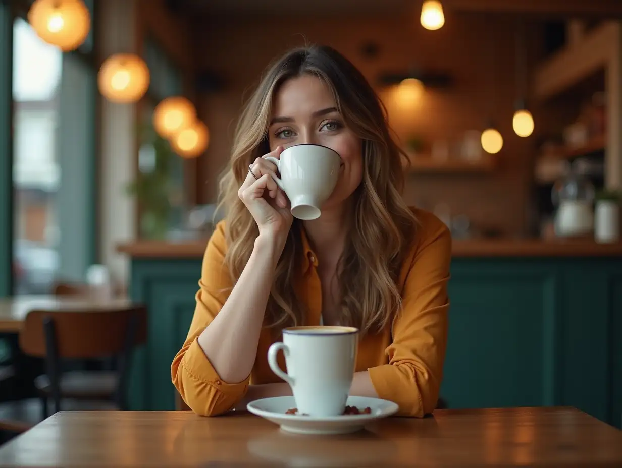 Elegant-Woman-Enjoying-Coffee-in-a-Cozy-Caf-Setting