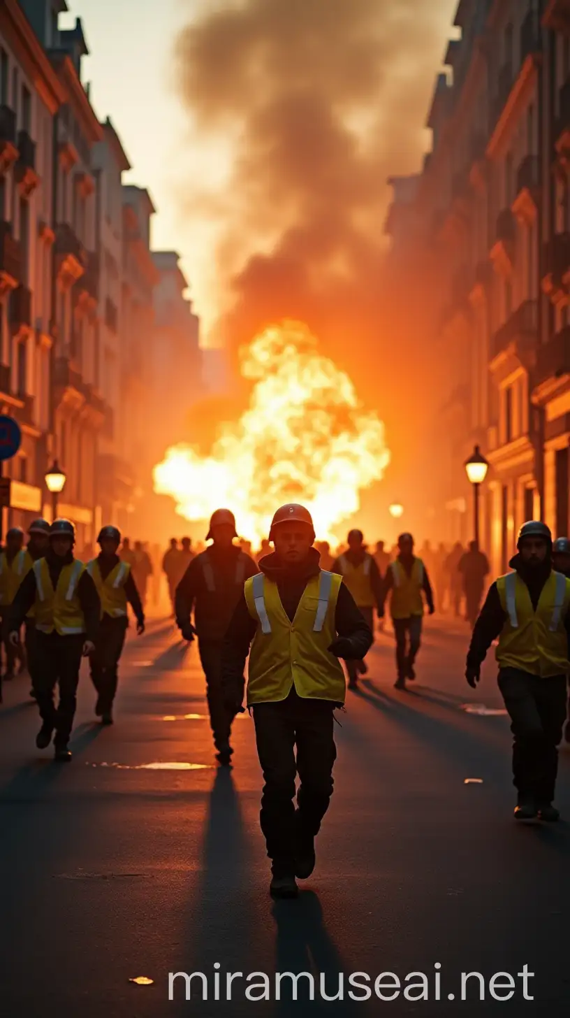 Intense Street Fight with Yellow Vests Amidst Explosions and Destruction