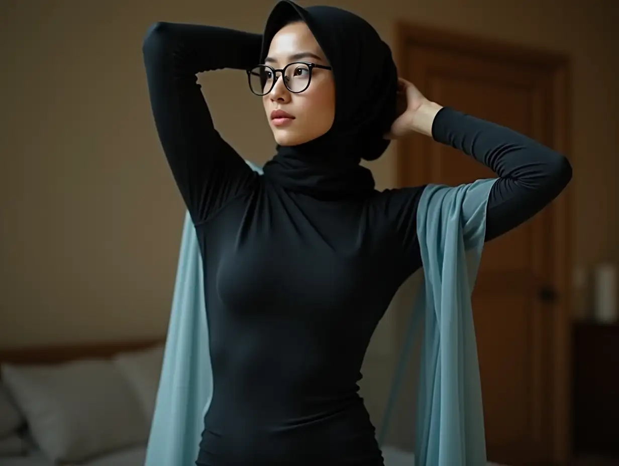 Elegant-Asian-Woman-in-Black-Hijab-and-Blue-Scarf-in-Intimate-Setting