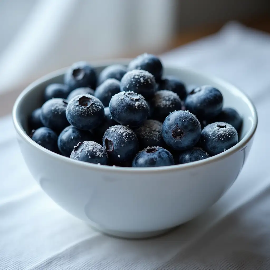 CloseUp-of-Fresh-Blueberries-with-Powdered-Sugar-on-White-Tablecloth