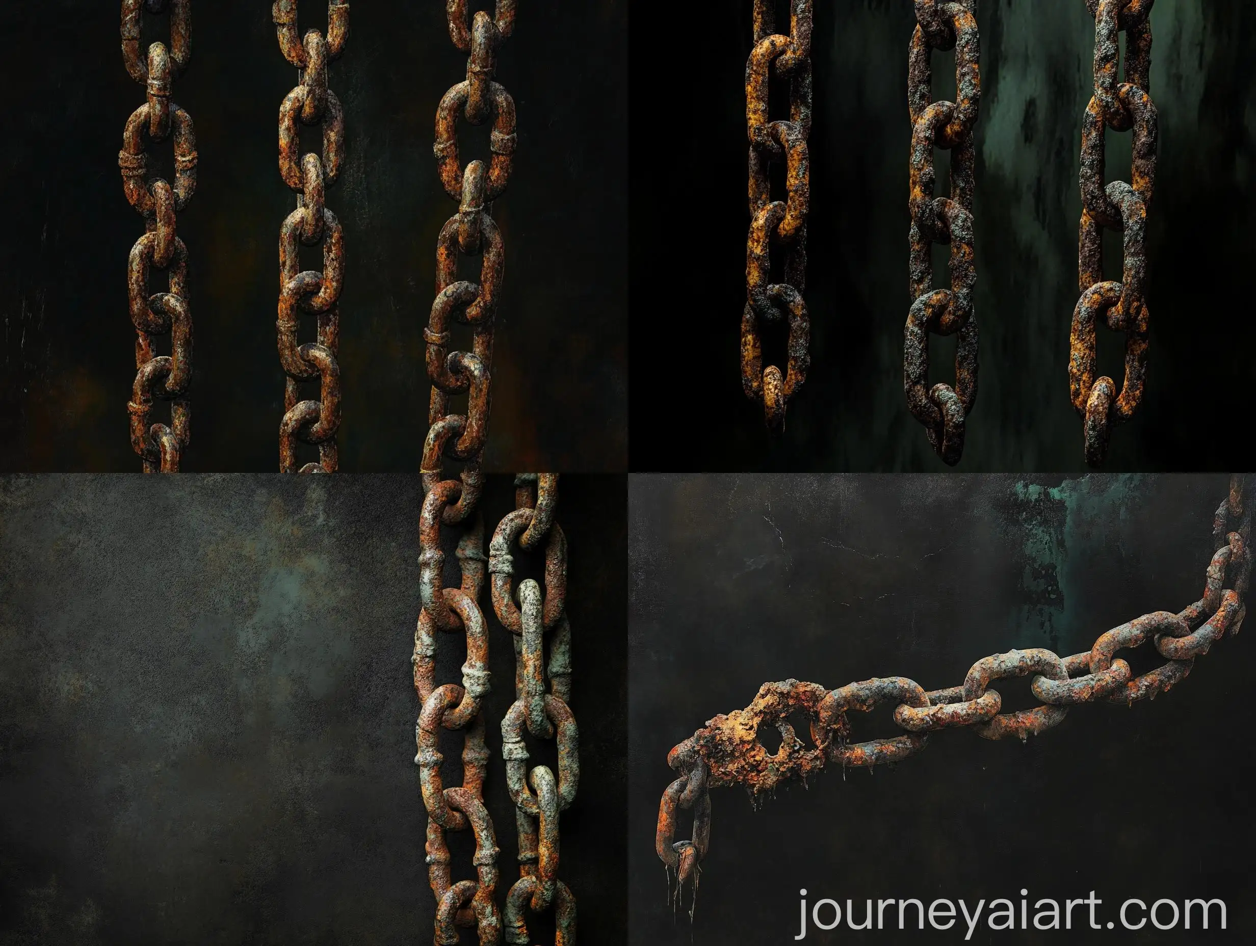 Rusty-Chains-Hanging-in-Medieval-Style-on-Black-Background