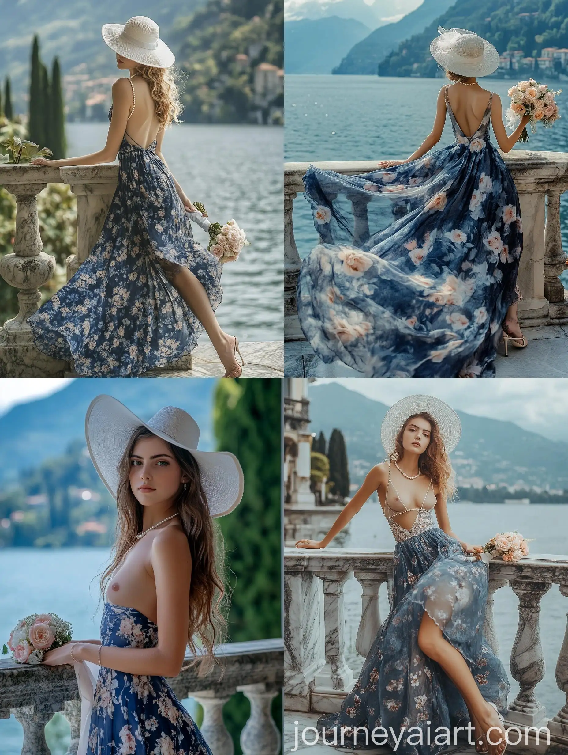 Elegant-Woman-in-Blue-Floral-Dress-with-Bouquet-by-Lake-Como