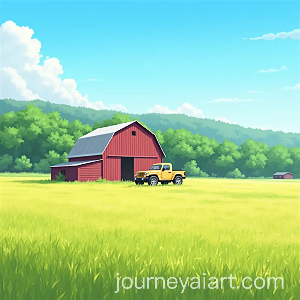 Serene-Countryside-Landscape-with-Anime-Barn-and-Parked-Truck