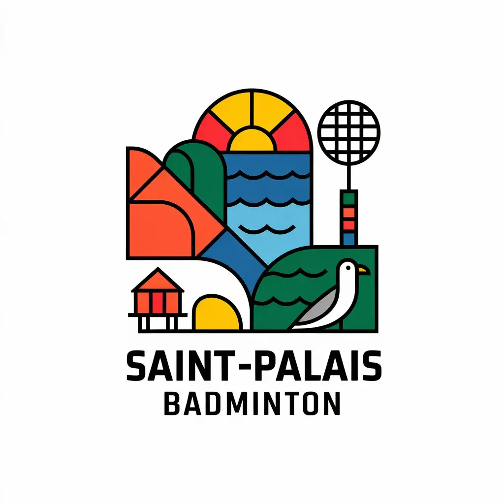 LOGO Design for SaintPalais Badminton Coastal Rocks Arch Sunset Seagull Badminton Racket Theme