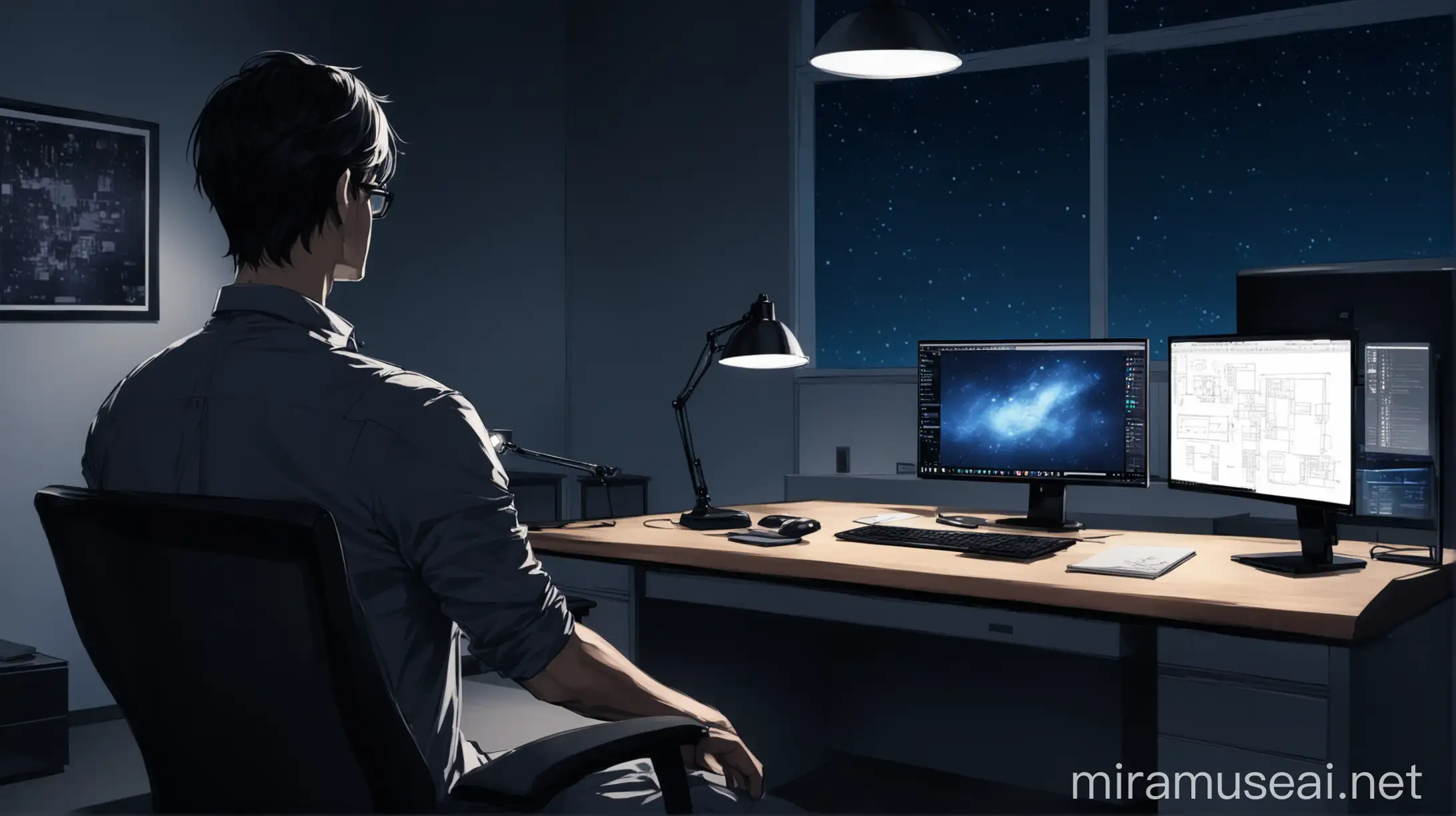 Male Designer Working in Night Study Room