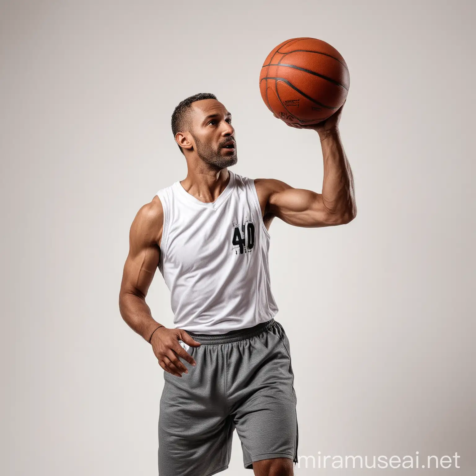 MiddleAged Man Shooting Basketball on White Background