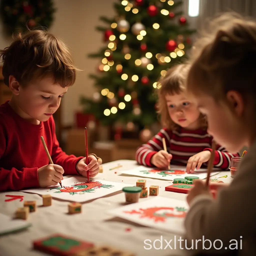 Family-Fun-Children-Engaging-in-Stamp-Painting-for-Christmas