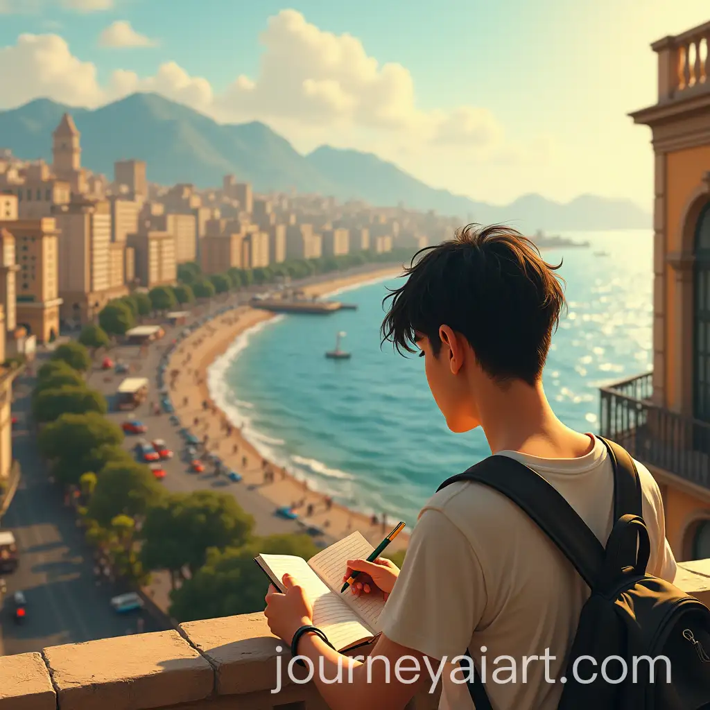Pale-Young-Man-Writing-in-Barcelona-Terrace-with-Sea-View