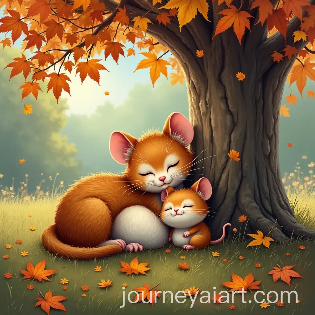 Mouse-Sleeping-Peacefully-Next-to-Cat-Under-anAI-Image-Prompt-Expansion-Autumn-Tree-with-Flowers-and-Leaves